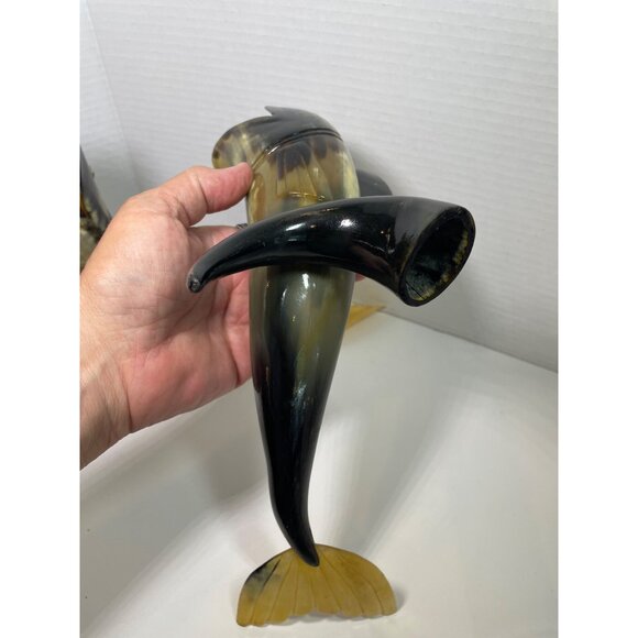 Large Hand-Carved Horn Fish Figurines Pair - Natural Polished Finish - Unique De - Picture 6 of 10